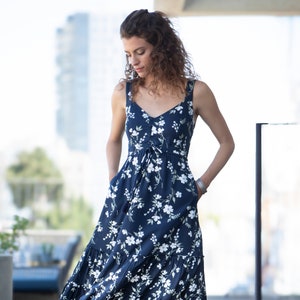 Dark Blue Floral Bohemian Summer Mid-Calf Dress, Sleeveless "Isabella" Circle Dress with Pockets, Fit and Flared High Waist Sundress