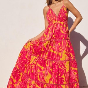 Stephani open back maxi dress, sundress, beach wedding guest dress, open back dress, cruise dress, hot pink tropical dress, vacation dress,