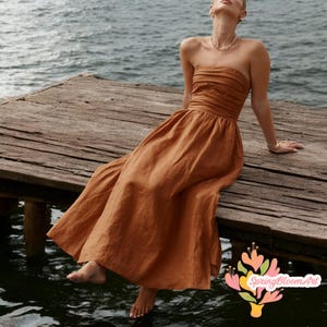 Linen Strapless Dress with Pockets, Slit Linen Midi Dress, Linen Beach Dress, Wedding Guest Dress, Prom Dress, Custom Size, Gifts for Her