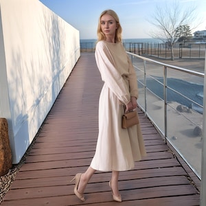 Beige Midi Dress for Women - Modest Long Sleeve Minimalist Style, Elegant and Comfy Outfit for Casual Days or Special Occasions