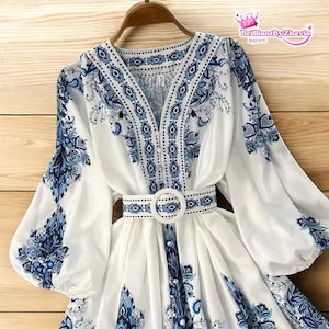 Elegant Floral Mini Dress, Women’s V-Neck Lantern Sleeve Dress, High Waist Button-Up Dress, Spring Summer Fashion, Casual Chic Outfit
