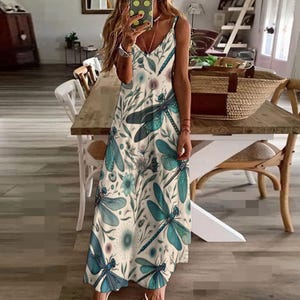 Long Summer Maxi Dragonfly Dress - Boho Sling Ankle Length Dress for Beach or Casual Wear, Flowy & Lightweight