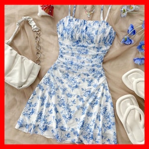 Soleia Blue & White Floral Mesh Halterneck Dress – Women's Summer Vacation Dress, Pastel Flowy Sundress, Beach Party Outfit