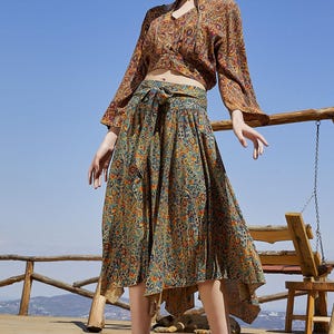 Tie Waist Loose Midi Oil Flared Skirt